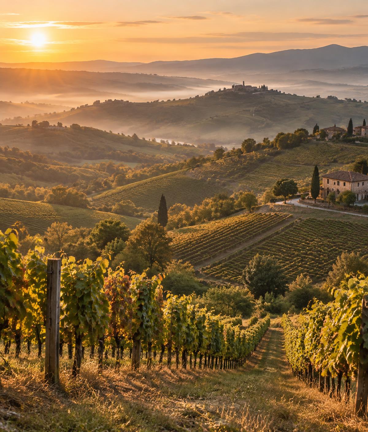 Vigneti sulle colline dell'Oltrepò Pavese al tramonto